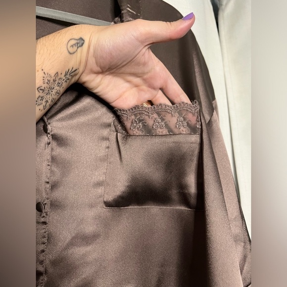 Topshop Purplish Grey Satin Lace Pajama Top Medium - Picture 6 of 8